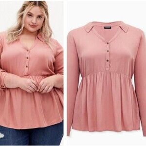 NWT Torrid 1x Pink LS Twill‎ Peplum Blouse Top Collared Button Up Peasant